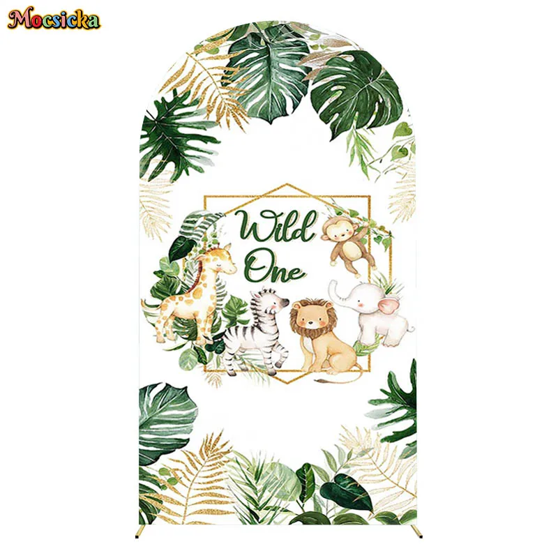 Wild One Jungle Animals Arch Backdrops Double-Sided Cover Safari Green Leaves Birthday Party Decor Baby Shower Photo Background