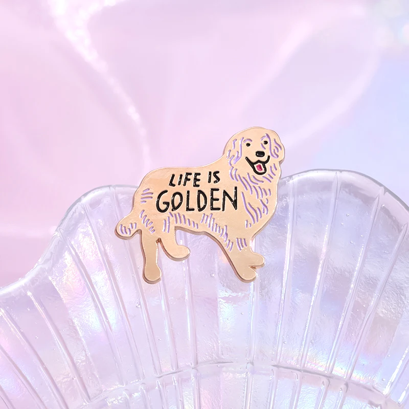 Life Is Golden Enamel Pin Happy Golden Retriever Brooch Lapel Backpack Badge Loves Dogs Jewelry Gift For Friends