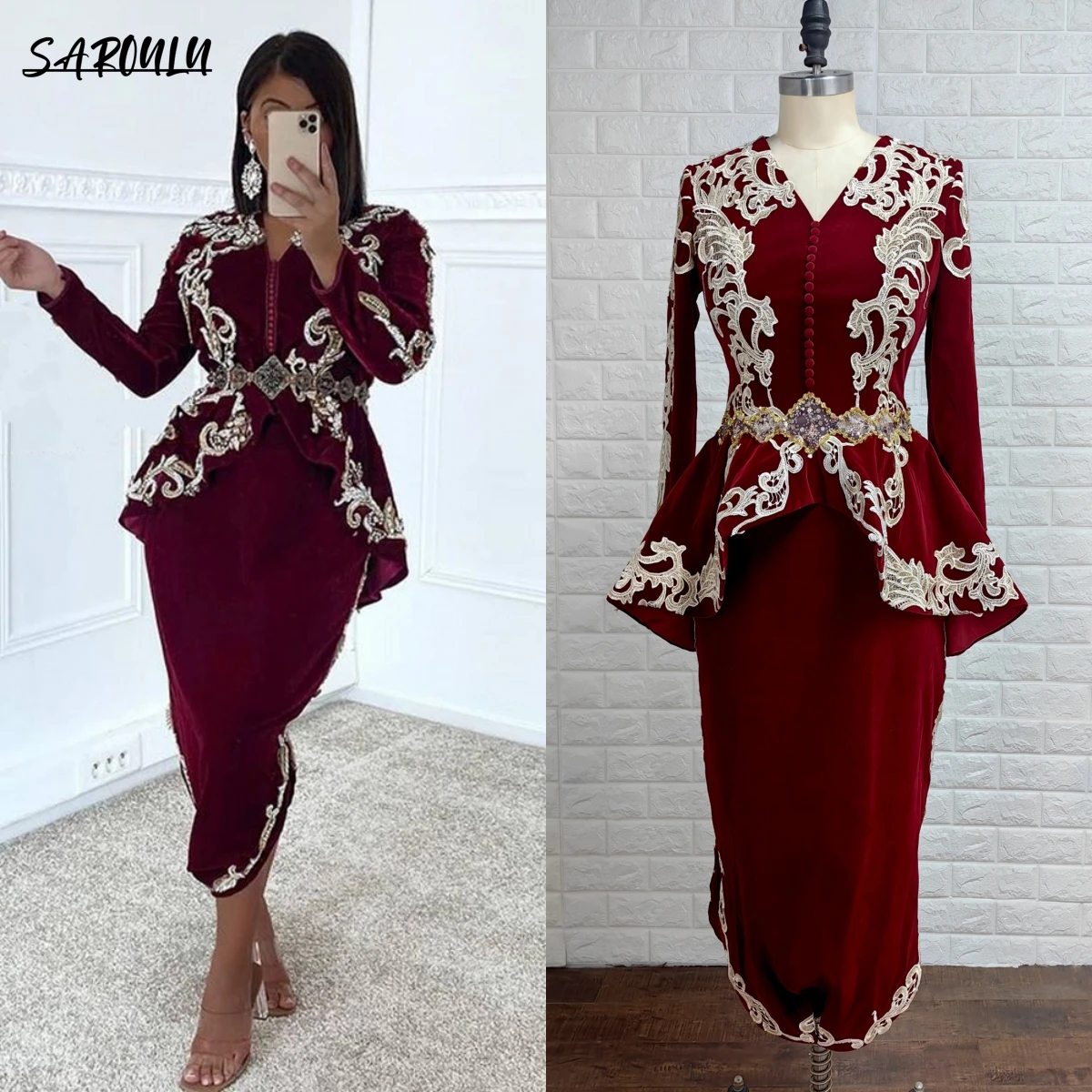 Caftan arabe longueur thé, robes de soirée bordeaux, manches longues, Dubaï, saoudien, dentelle perlée, velours, robe de Rh, Karakou Algerien, personnalisé