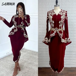 Arabic Caftan Tea-length Evening Dresses Burgundy Long Sleeve Dubai Saudi Lace Bead Velvet Prom Gown Karakou Algerien Customized