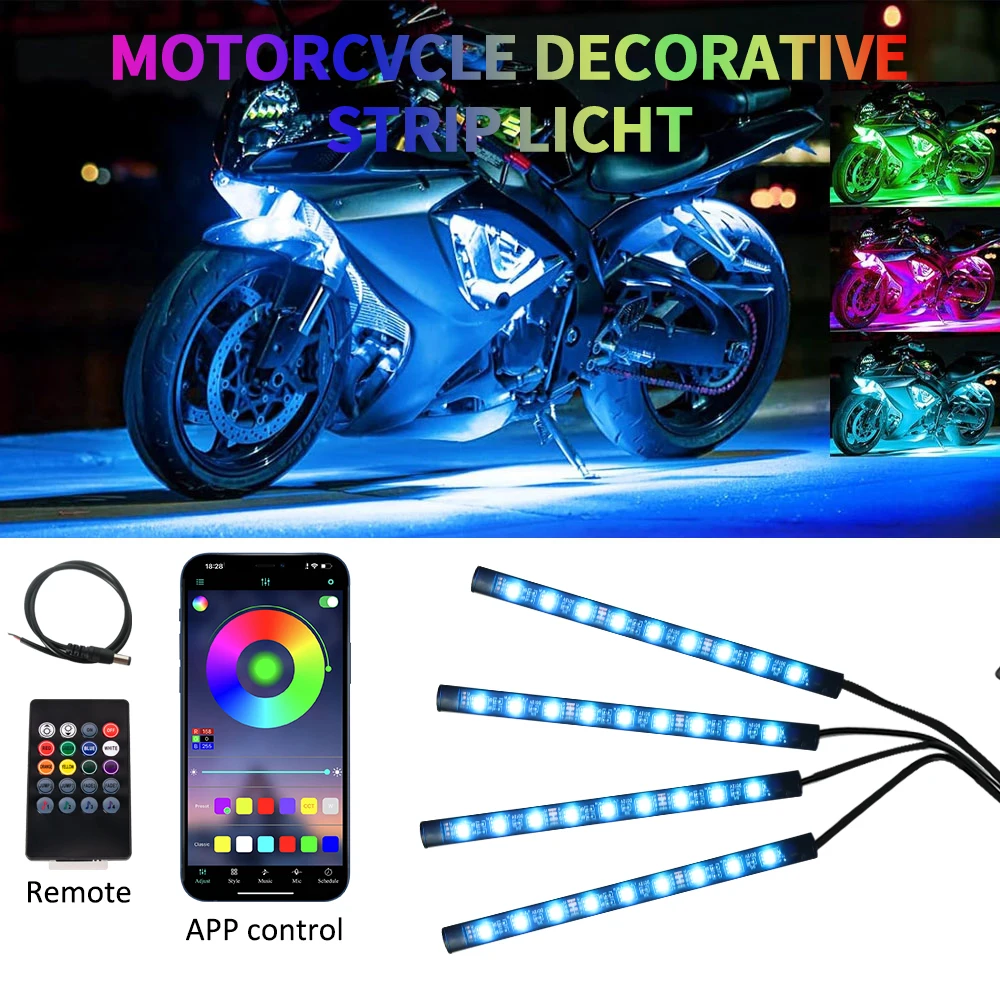 Motorrad-Dekorationsbeleuchtung, Ambiente-Licht mit Fernbedienung/App-Steuerung, LED-Motorrad-Streifenlicht-Set, Flexibler RGB-Neonstreifen für Harley