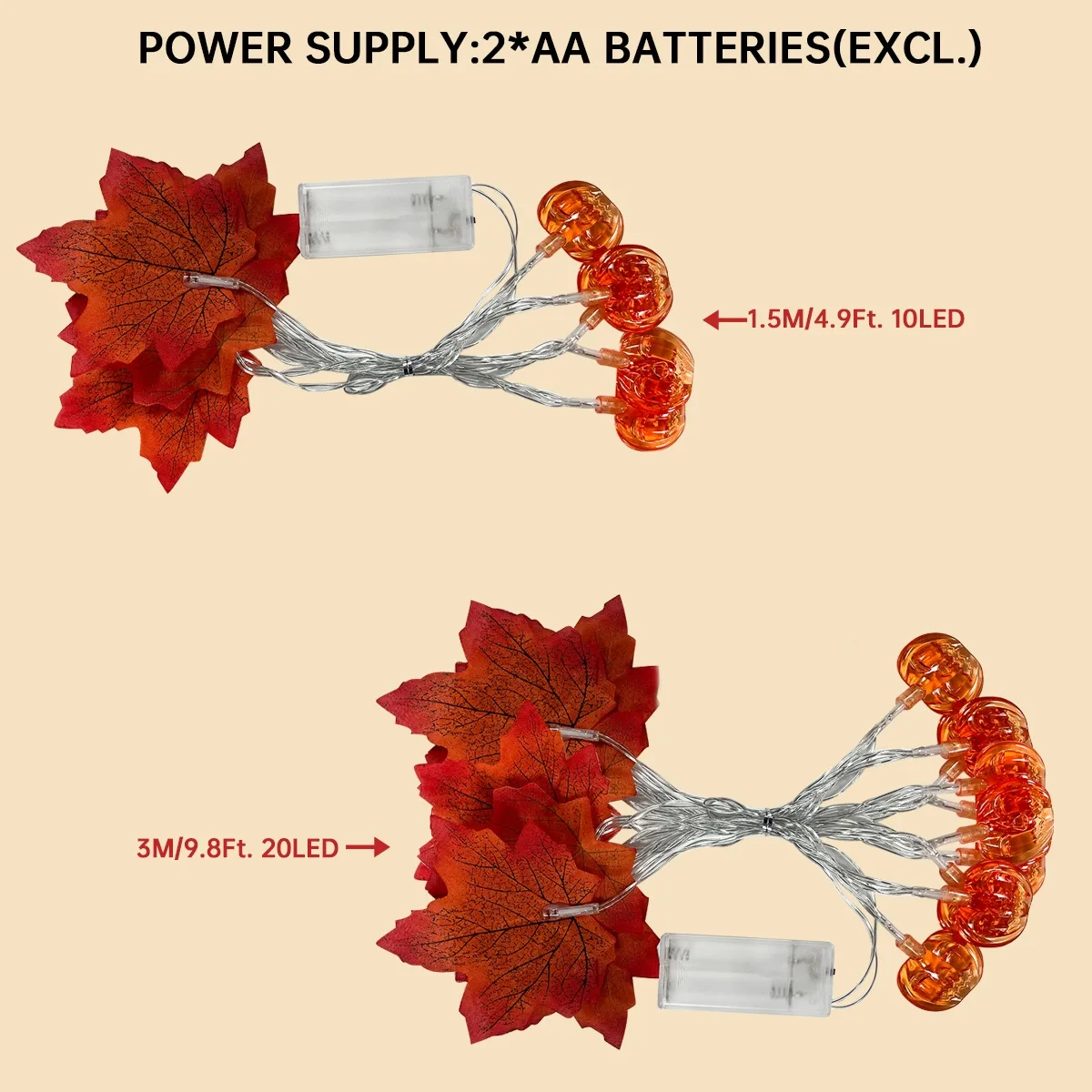 1 قطعة مابل ليف واليقطين 10/20 LED سلسلة أضواء بطارية تعمل للمنزل داخلي في الهواء الطلق هالوين عطلة الطرف الديكور
