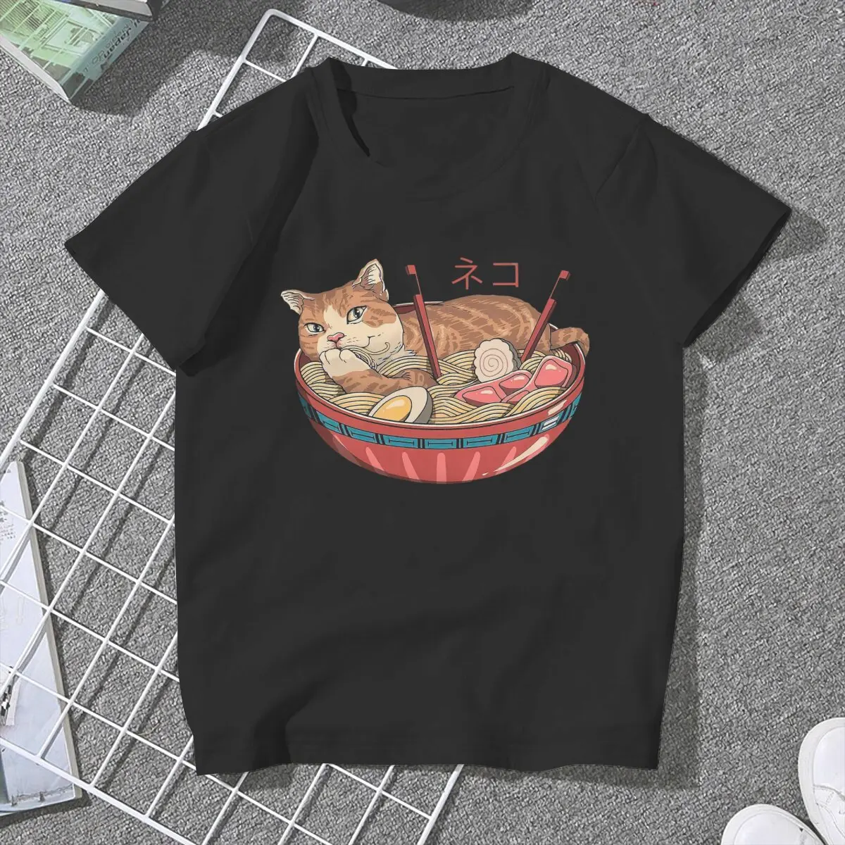 Cat  Classic Women Tshirts The Great Ramen Off Kanagawa Aesthetic Vintage Female Clothing Loose Graphic Clothes