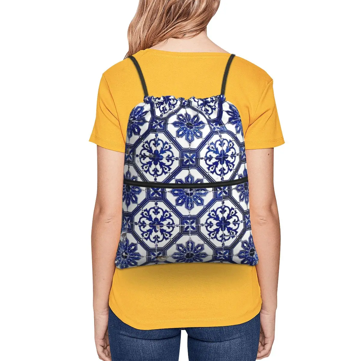 Blue And White Portuguese Tile Backpacks Casual Drawstring Bags Shoes Bag Book Bags for Man Woman School