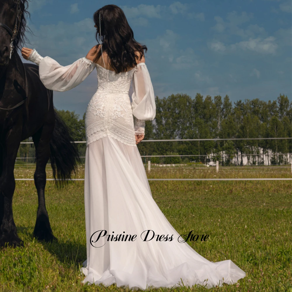 البوهيمي قبالة الكتف فستان الزفاف الحبيب للعرائس يزين الدانتيل غمد الجانب الشق تول زي العرائس حسب الطلب