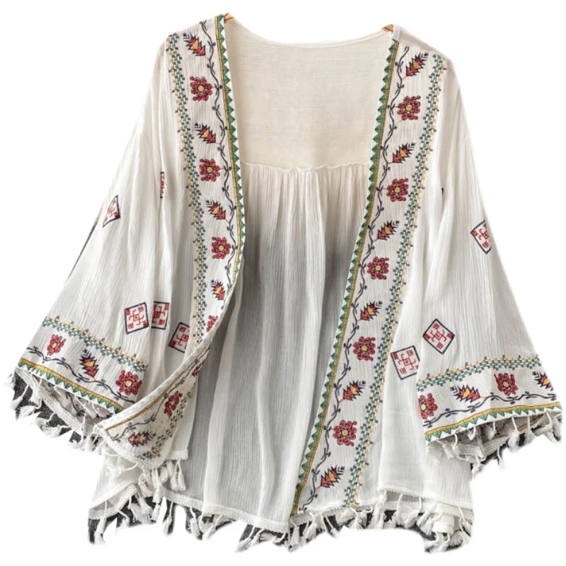 Bohemian Zonnebrandcrème Vest Jas Zomer Strand Vakantie Vintage Flare Lange Mouwen Geborduurd Losse Kwastje Sjaal Femal Top