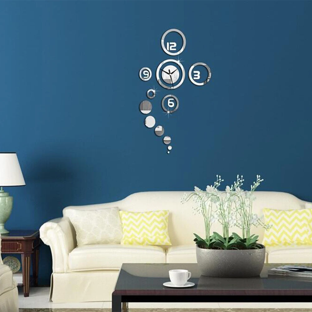 

3 D Mirror Wall Clock Removable Sticker Decor It Can Move Silver for Living Room Decals