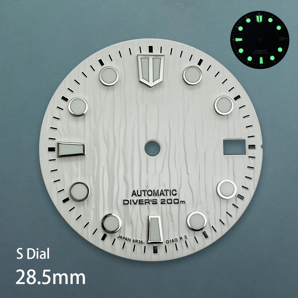 28.5mm S Logo Bark Dial Suitable For NH35/NH36/4R/7S Japan Movement Green Luminous High Quality Watch Refit Accessories
