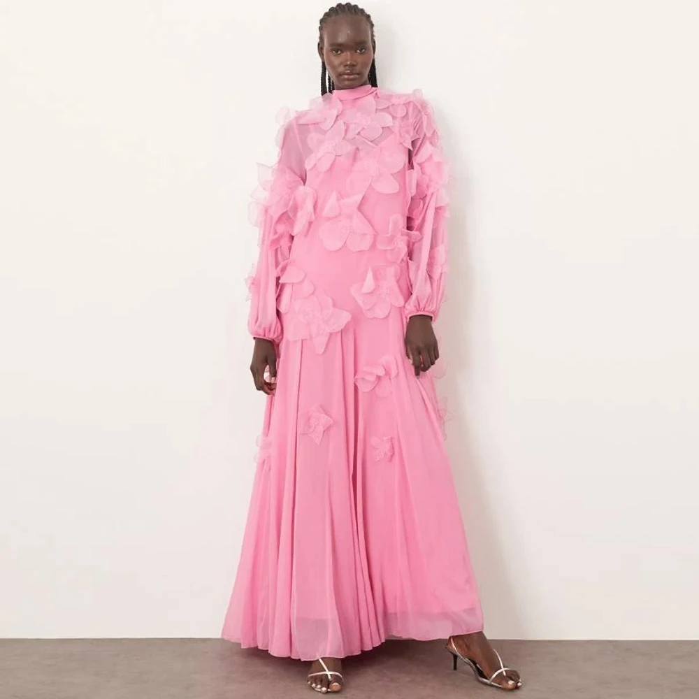 Fashion Chiffon Evening Dress High Collar Long Sleeves Customized Bespoke Occasion Gowns Delicate 3D Flowers Celebrity Gowns