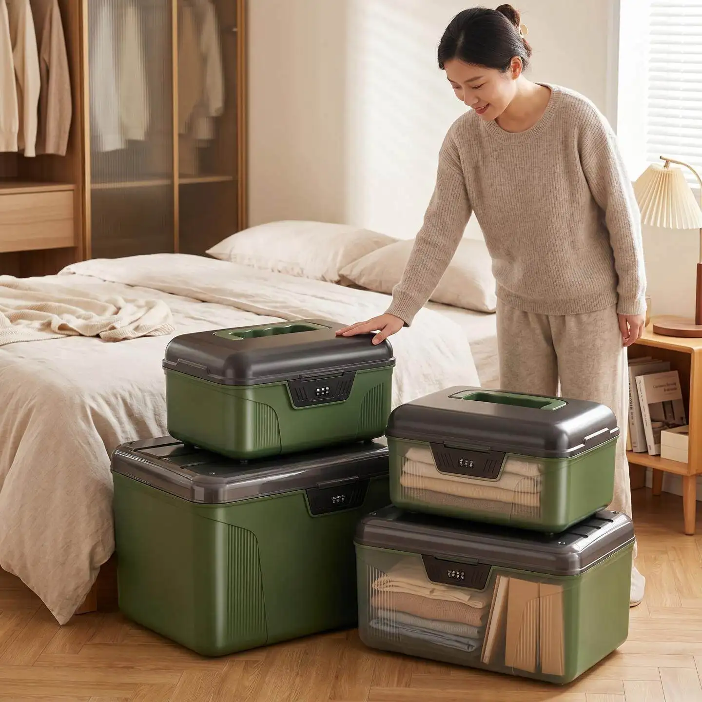 Green Plastic Storage Box With Combination Lock, Stackable Durable Bin Handle For Clothes Documents, Home Bedroom Closet