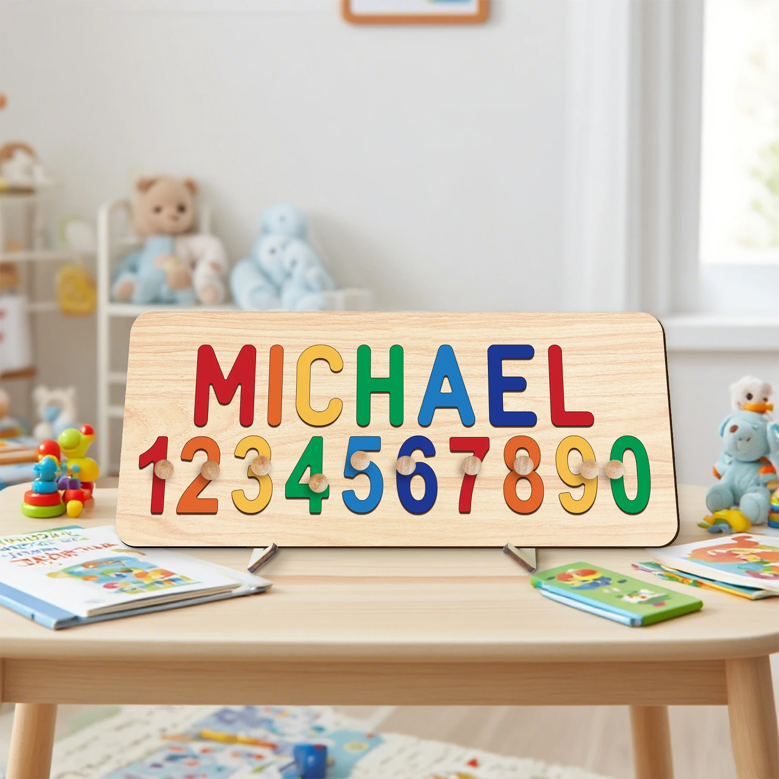 Puzzle d'éducation précoce pour enfants sur mesure : puzzle en bois avec lettres et chiffres. Personnalisé avec le nom de l'enfant pour une croissance intelligente.
