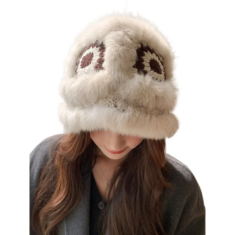 Rabbit hair knitted hat female thickened encryption autumn and winter fluffy tiger head lion bucket hat cute face small wool hat