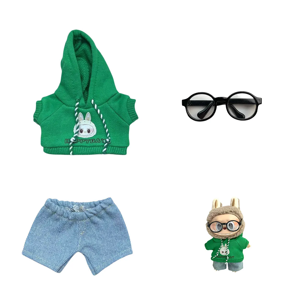 Vestiti per bambole Labubu da 17 cm: felpa con cappuccio con stampa battito cardiaco e set di abiti color macaron, note di traduzione chiave