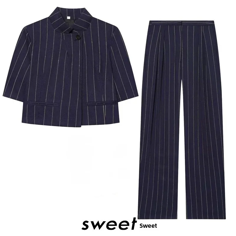 Summer New Women's Short Sleeve Linen Stripe Jacket Mixed Straight Leg Pants Casual Trousers mid Waist Zipper Fly