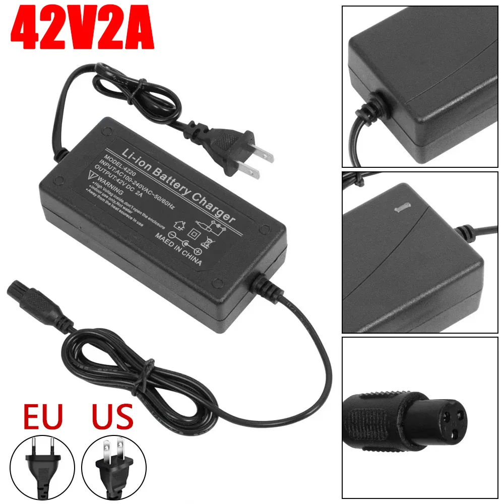 Carregador Universal de Bateria para Bicicleta Elétrica, Scooter, Hoverboard, Acessório para Scooter Autobalanceado, Carregador 42v 2A com Plugue EU/US