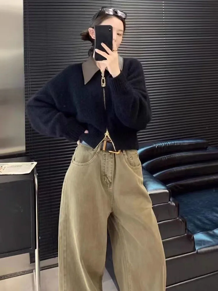 المرقعة التلبيب سستة سترة فضفاضة المرأة عادية بولو طوق محبوك سترة لينة سستة موضة تريكو جيليه