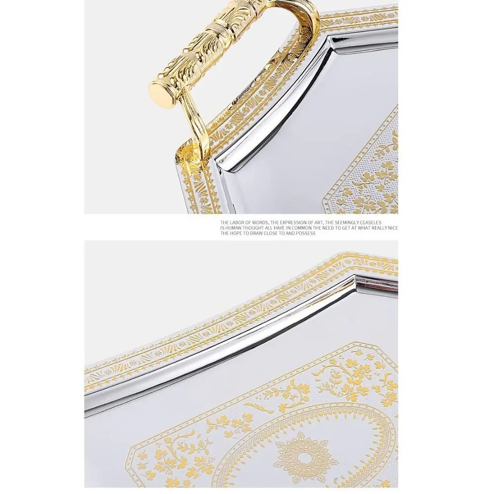 النمط الأوروبي الفولاذ المقاوم للصدأ صينية تخزين خمر أطباق حلوى الحلوى نمط دقيق مع مقبض صينية للفاكهة حفلات الزفاف