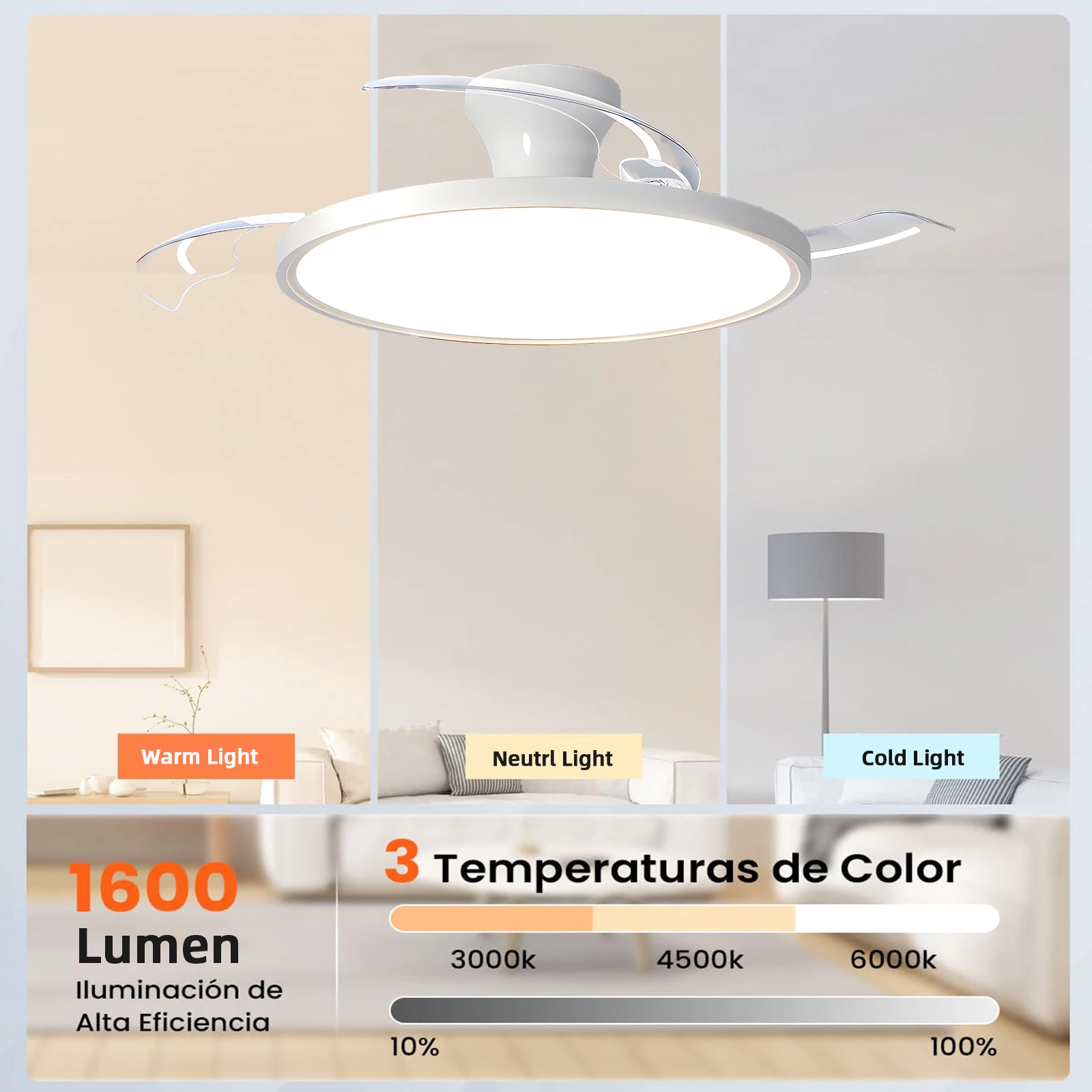 IRALAN Modern Invisible Ceiling Fan LED Light DC Motor High Airflow Remote Control for Bedroom Dining Room - White