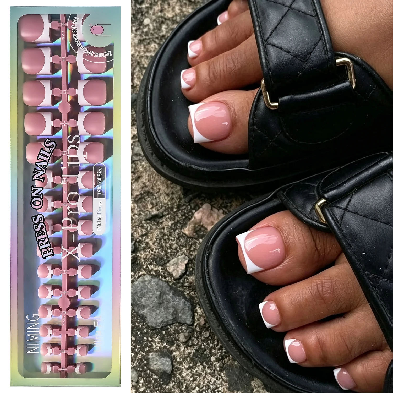 150Pcs Glossy Nude White French Fake Toenails Short Square Press On Toe Nails Minimal Summer Beach Wearable False Foot Nailtips