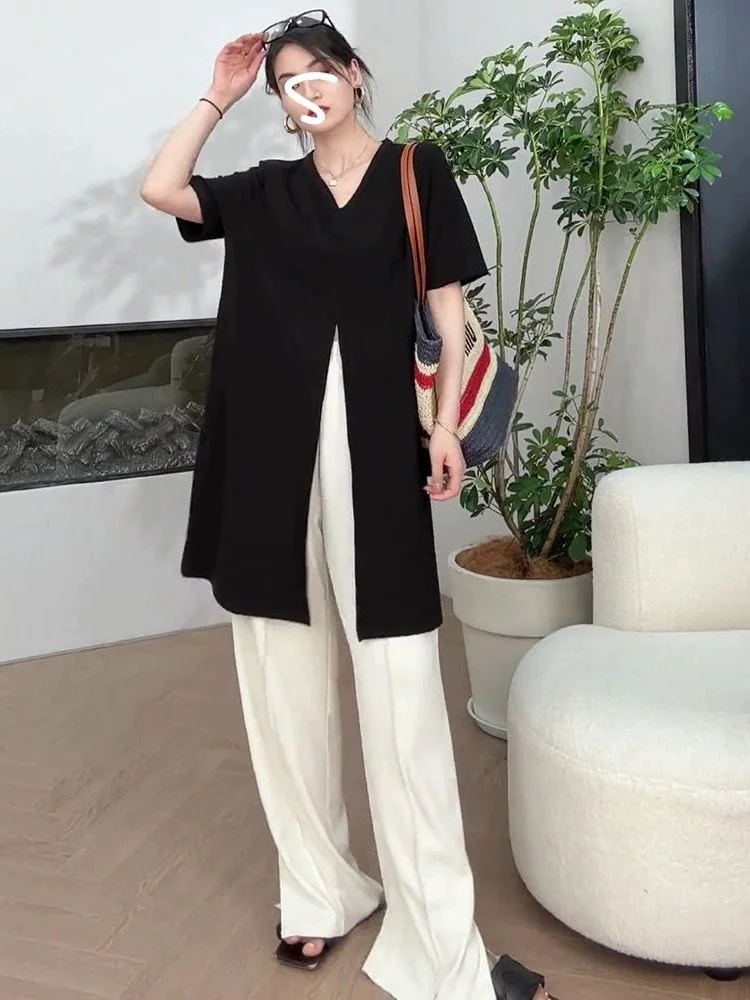 

plus Size Women's T-Shirt V-Neck Slit Short Sleeve Loose Fit Summer Fashionable Casual Wear for Pear Hourglass Body Types