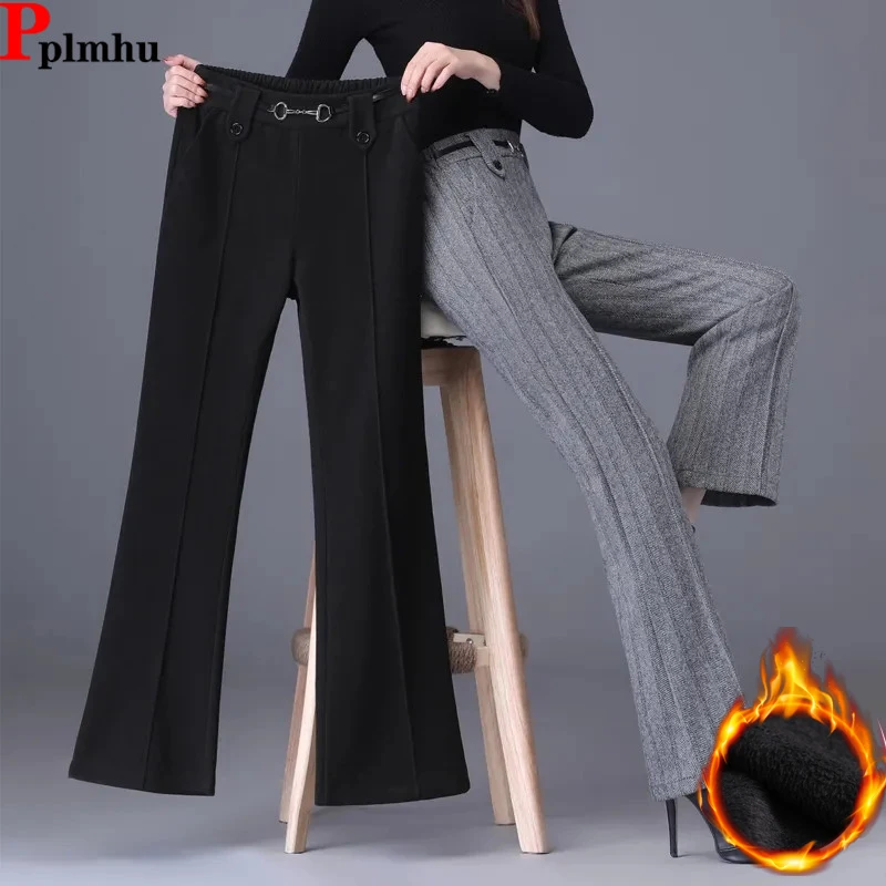 

Office Ladies Suits Wool blend Pants Formal Fall Winter High Waist Pantalones Elegant Solid Ol Women Chic Wide Leg Warm Trousers