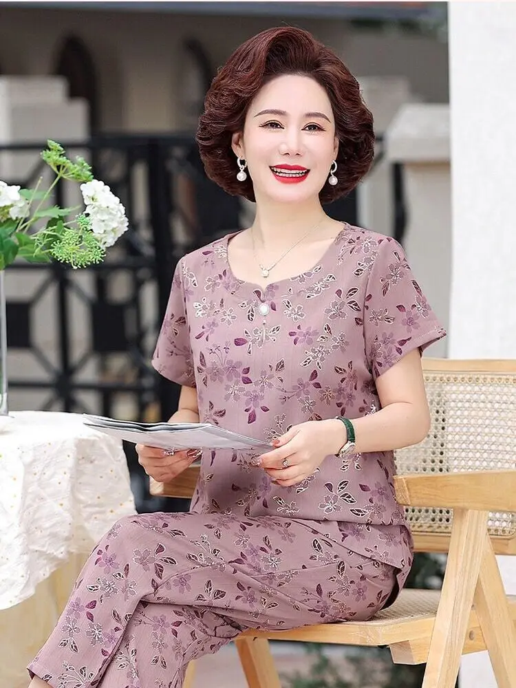 

Summer Faionable Mommy Two-Piece Set ort Sve Women's Clothing Mid-Aged andmother Clothes Cotton round Ne Suit