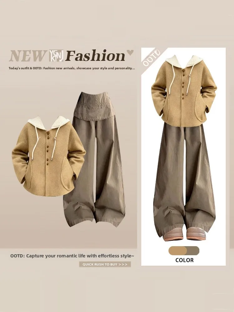 

Retro Knitted Cotton Jacket with Hood Women's Winter High Waist Wide Leg Casual Pants High End Feelings Complete Set