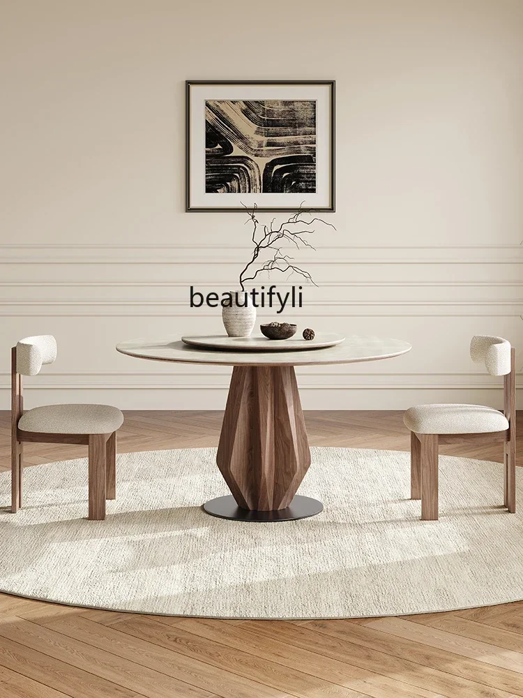 cqyFrench Stone Plate Dining Table and Chair Modern Simple and Light Luxury Home Retro Black Walnut Dining Table Solid Wood