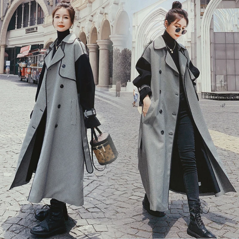 2023 New Autumn Winter Long Trench Coats Women's Fashion Thousand Bird Grid Splice Double-breasted Windbreaker Coat BD691