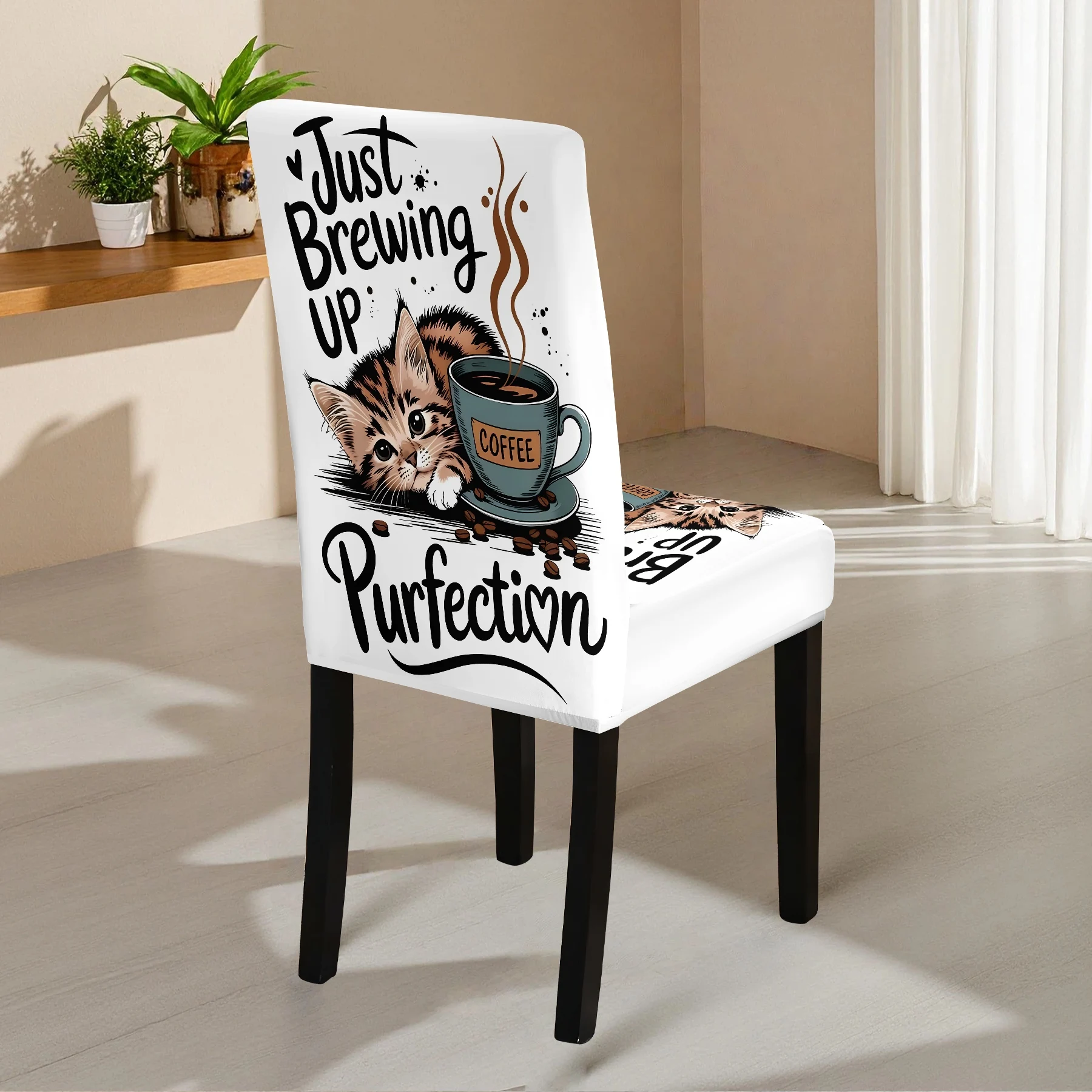 2026 New Elastic All - inclusive Chair Cover, Cute Cat & Coffee Print, 