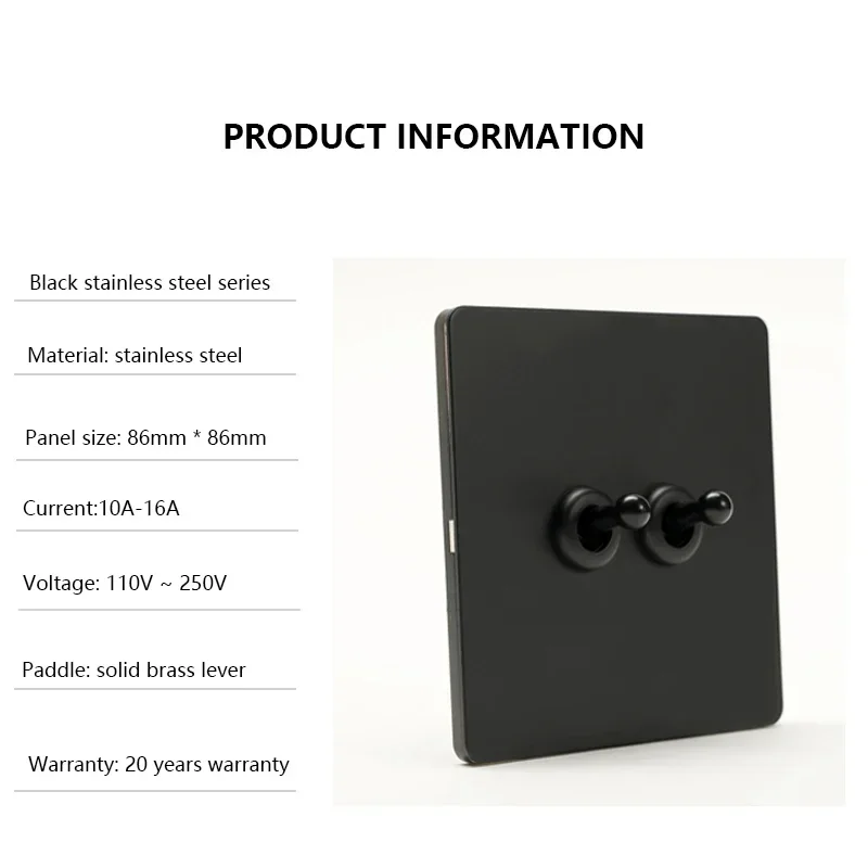 Retro Light Switch Lever Wall Power ON OFF Socket Panel,EU RU FR Black Stainless Steel Dual Usb Outlet  1-4Gang 1/2Way Switch