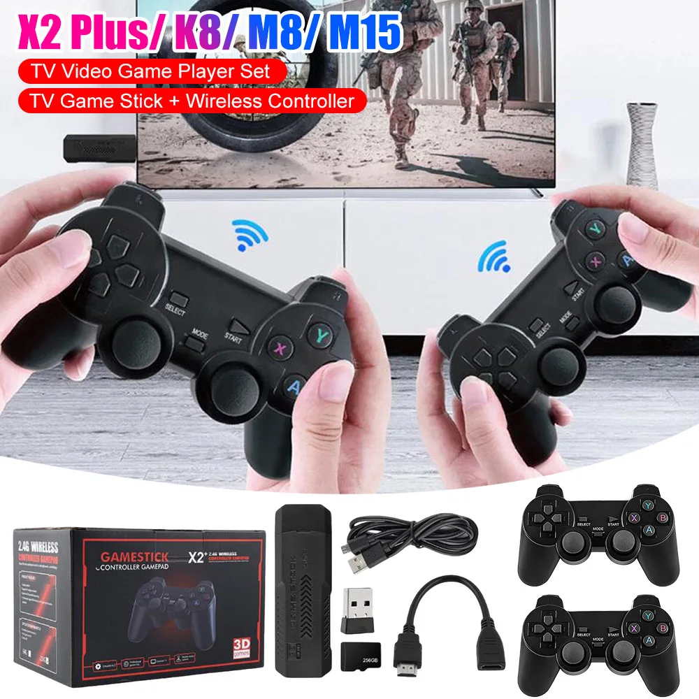 X2 Plus/ K8/ M8/ M15 مشغل فيديو ألعاب التلفزيون 64G/256G مجموعة وحدة التحكم في الألعاب 20000 + ألعاب ريترو جهاز استقبال للتليفزيون 2.4G وحدة تحكم مزدوجة لاسلكية