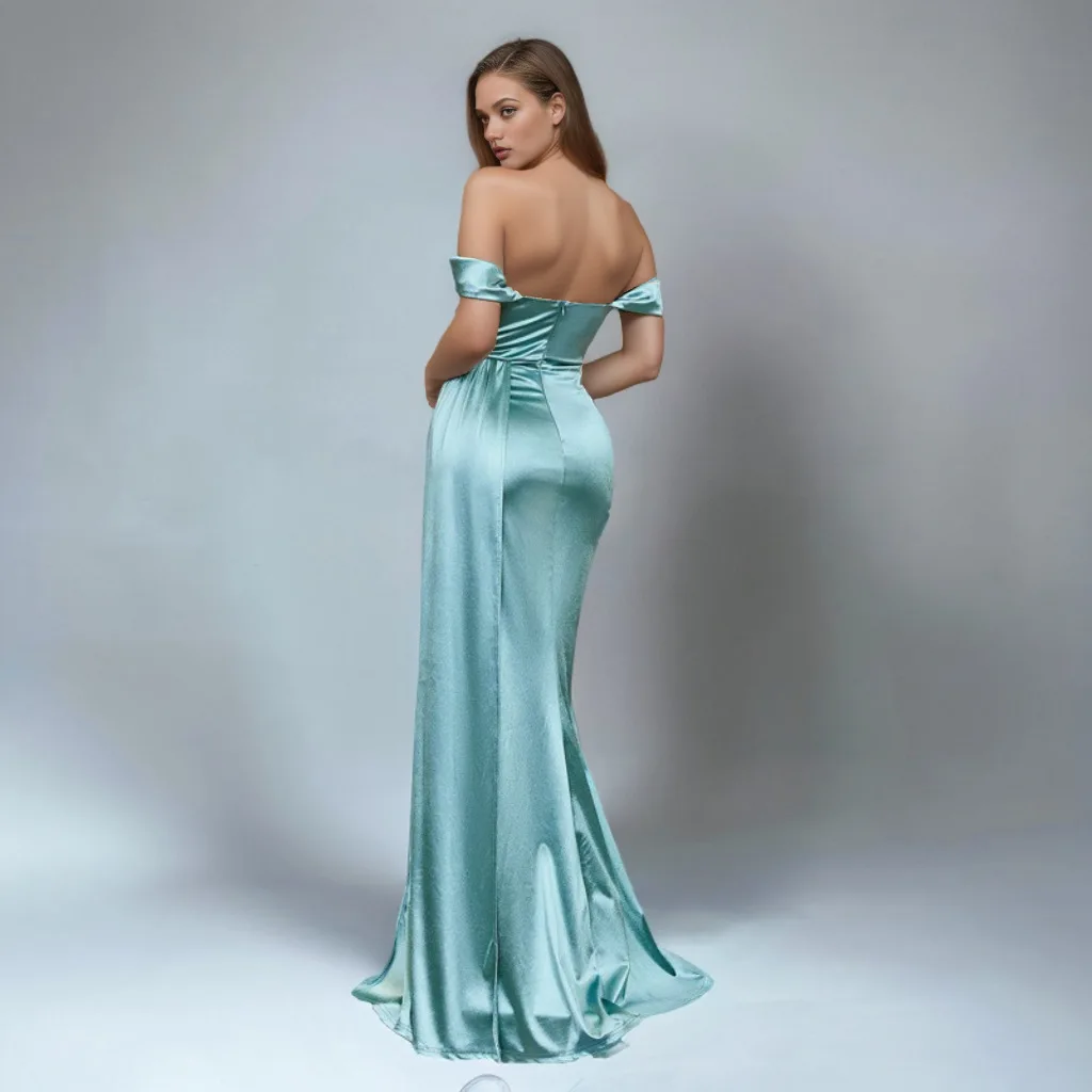 Elegant Women's Waist Solid Color One-shoulder Neckline Slit Evening Dress Fishtail Skirt Long Formal Banquet Dress EveningGown