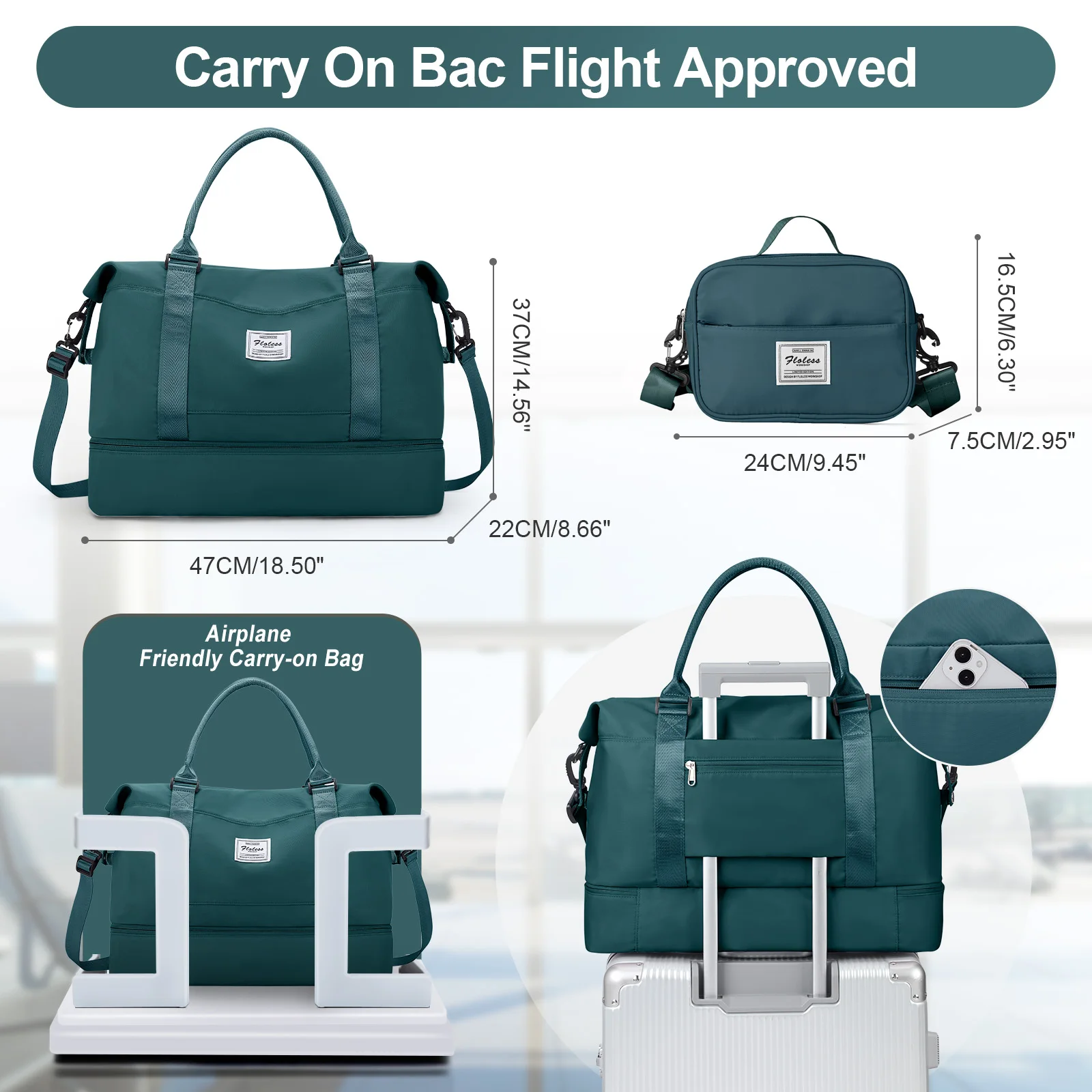 2pc Foldable Travel Duffel Bag for Airlines Carry on Bag Weekender Overnight Tote with Cosmetic Bag Gym Yoga Bag for Women Men