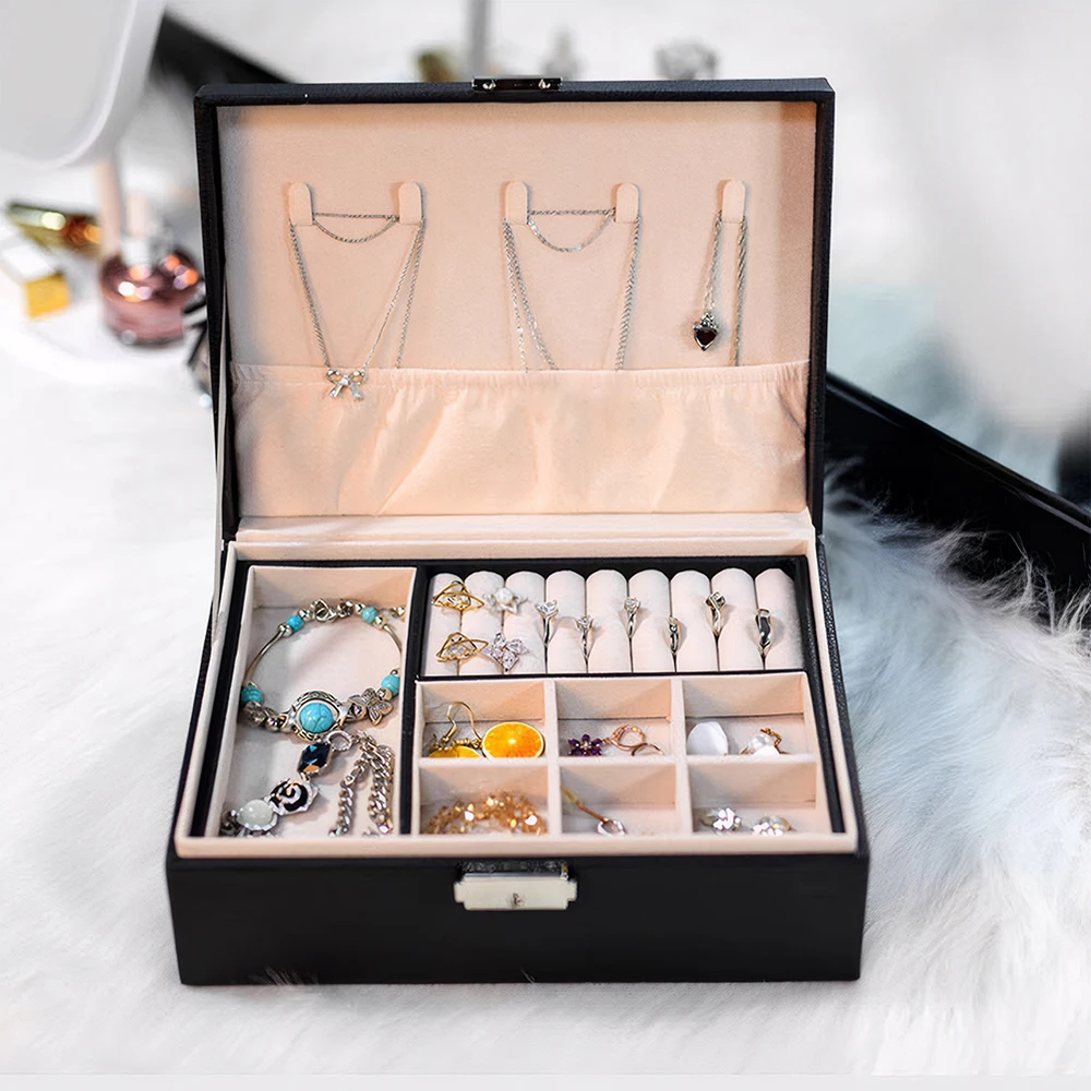 Double-layer Jewelry Box Ring Box Necklace Earring Boxes Packaging with PU Leather Jewelry Storage Organizer Home and Travel
