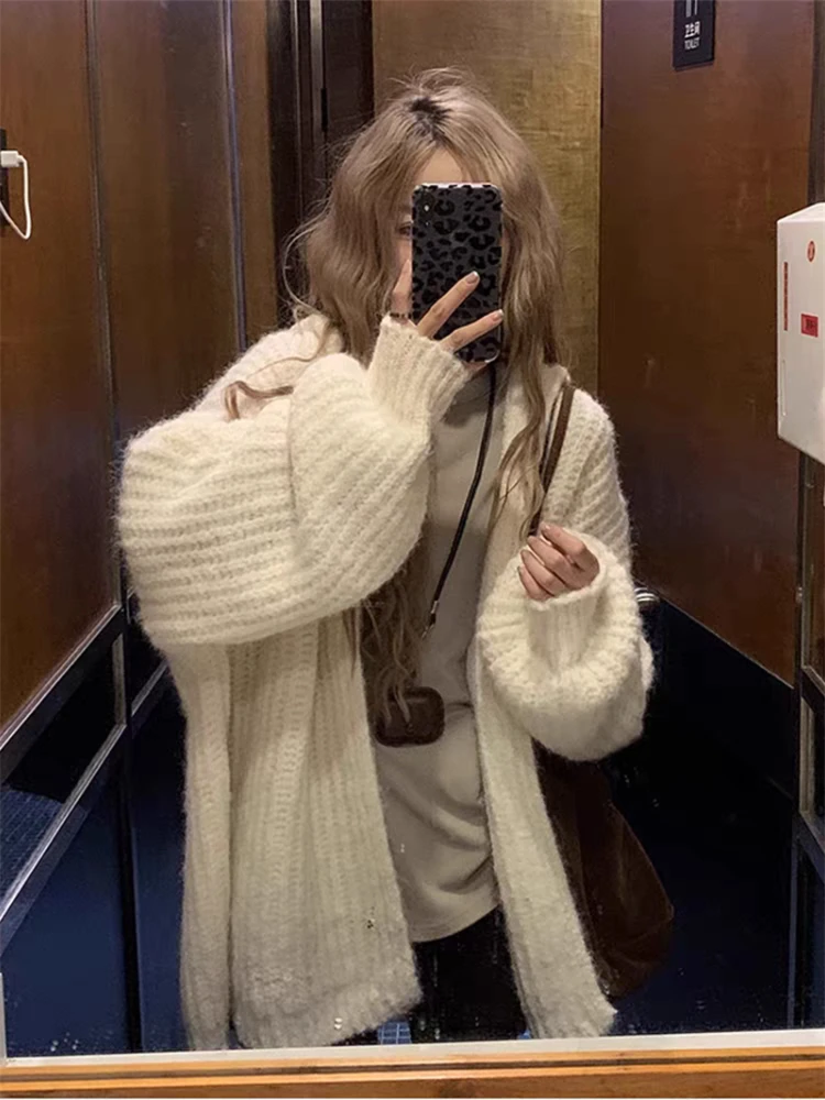 

Fashion New Women's Loose Long Sleeve Elegant Cardigan Sweater Hooded Lantern Sleeve Solid Color Knitted Casual Top