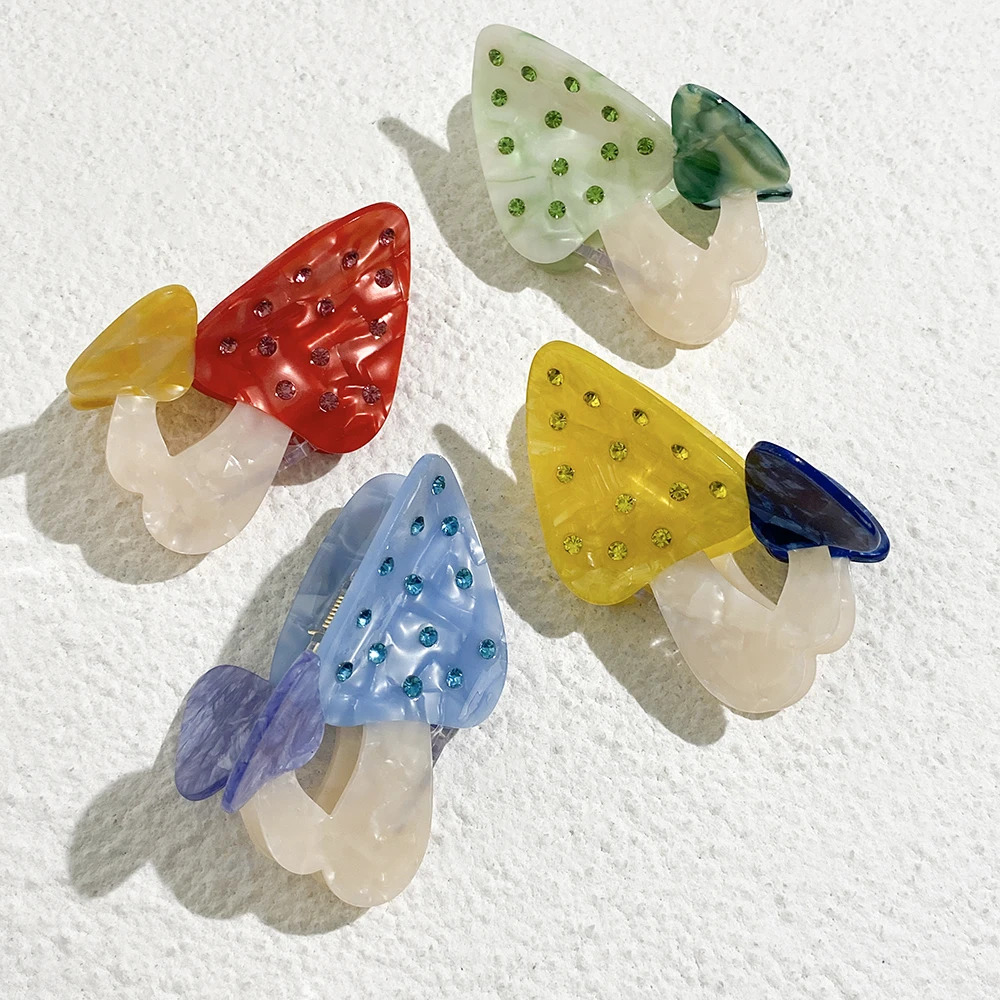 

New Acetate Colorful Mushroom Shape Rhinestone Shark Barrettes Hair Clip Claw For Women Luxury Geometric Hairpin Accessories
