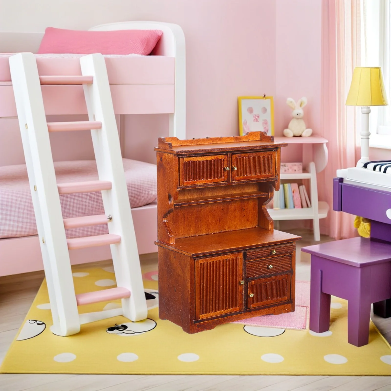 

Miniature Wooden 1:12 Retro Farmhouse Bookcase Double Door Cabinet DIY Micro Landscape Bookshelf Ornament Dollhouse Furniture