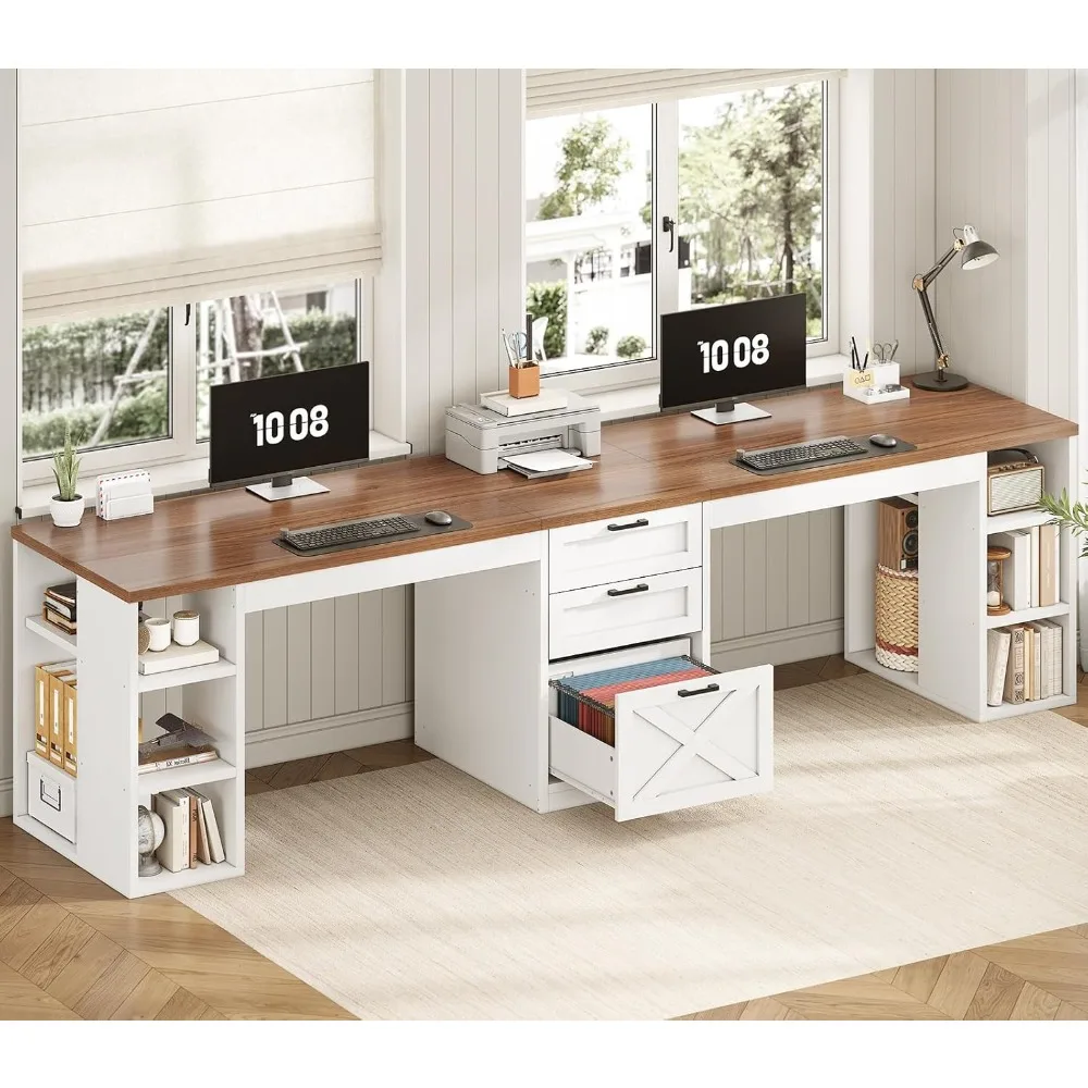 

Farmhouse 96.5" Computer Desk with Drawers, 2 Person Home Office Desk, Gaming Double Desk with Storage Shelves, Long Two Person