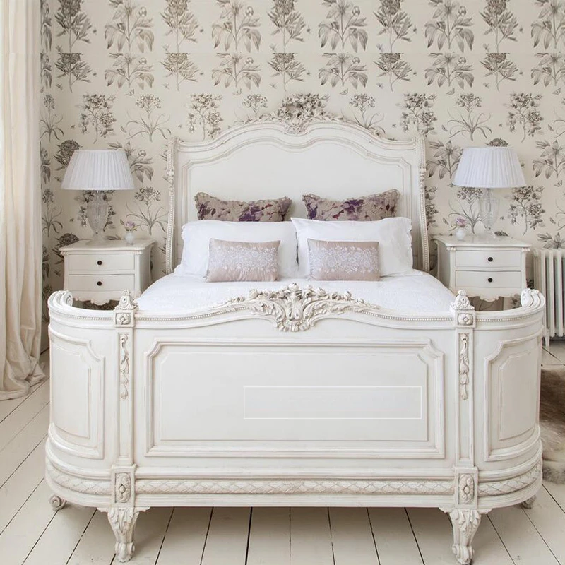 Solid wood carved white distressed high backed princess, retro 2.2 meter wedding bed, American style bedroom