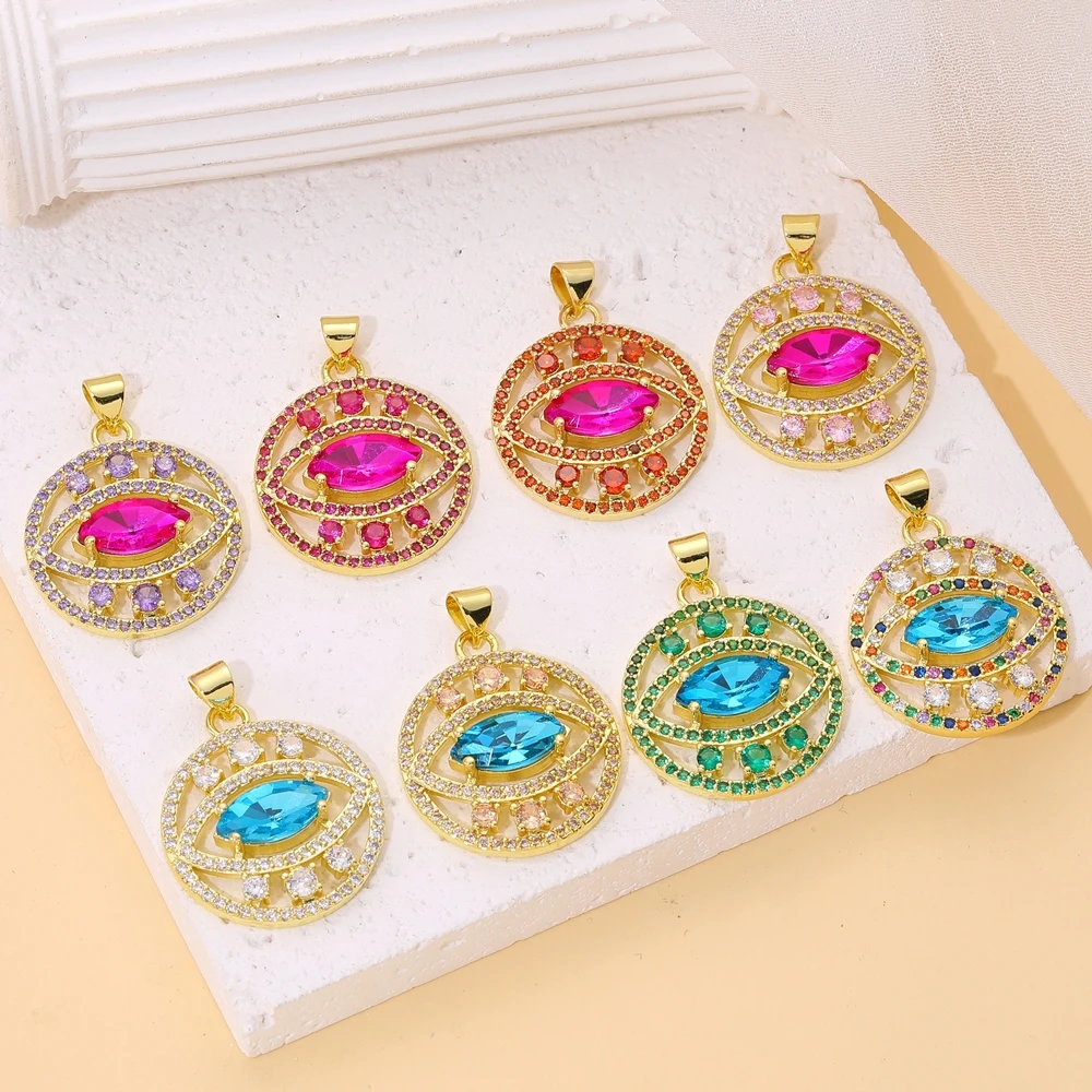 Juya 18K vergoldete Luxus-Anhänger mit Regenbogen-Zirkonia, Stern, Libelle, Baum des Lebens, Biene, Liebesherz, rundem griechischem Bösen-Auge-Charm – Detail 21