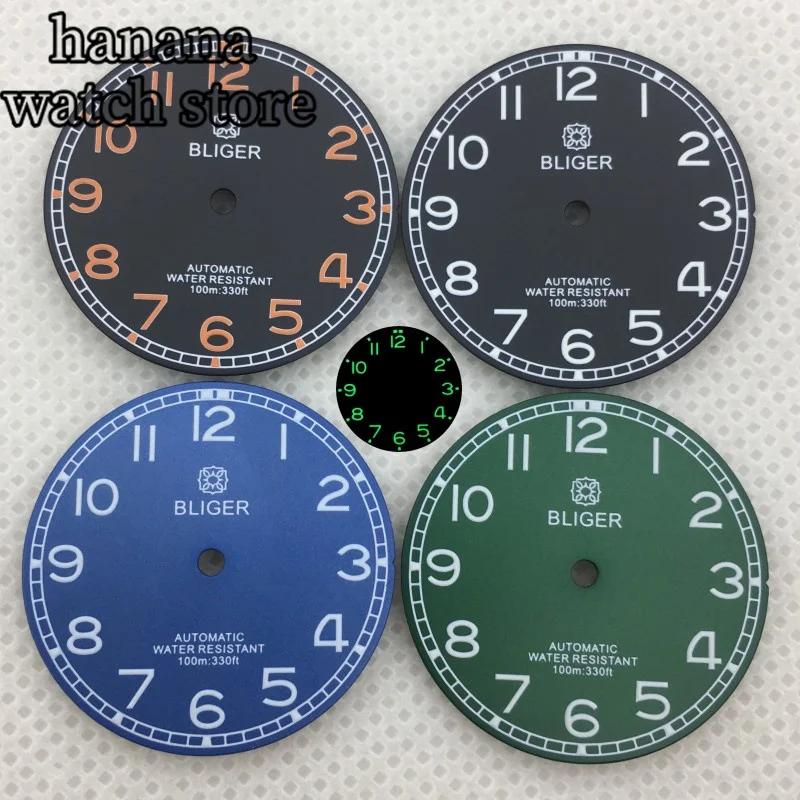 BLIGER 29mm Black green blue luminous dial with NH34 NH35 NH36 ETA 2836 2824 Miyota 8205/8215/821A Pearl DG2813/3804 movement