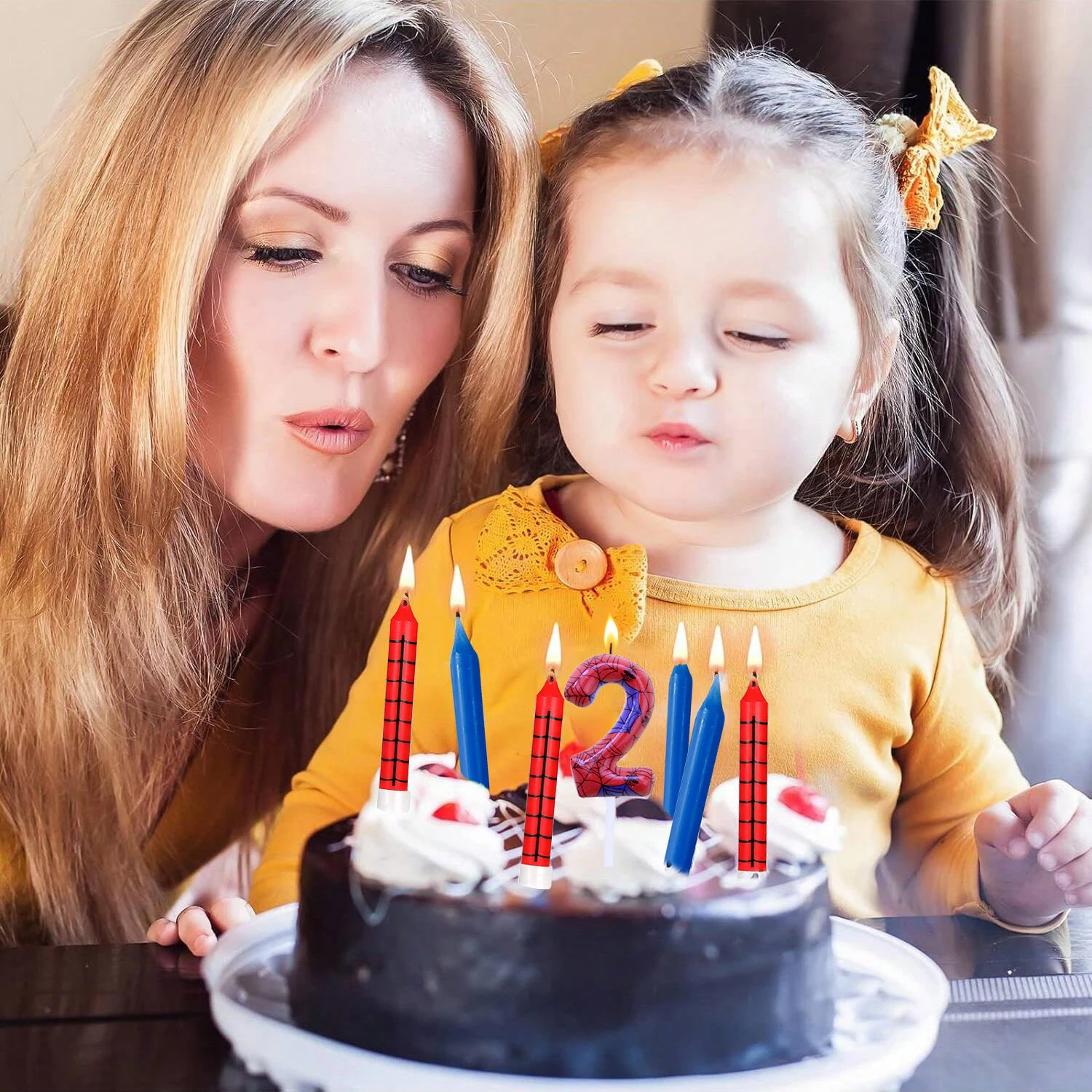 7pcs Red Blue Spider 4th Birthday Number Candles, Number 4 Candle Cake Topper Decorations for Spider Cartoon Themed Parties