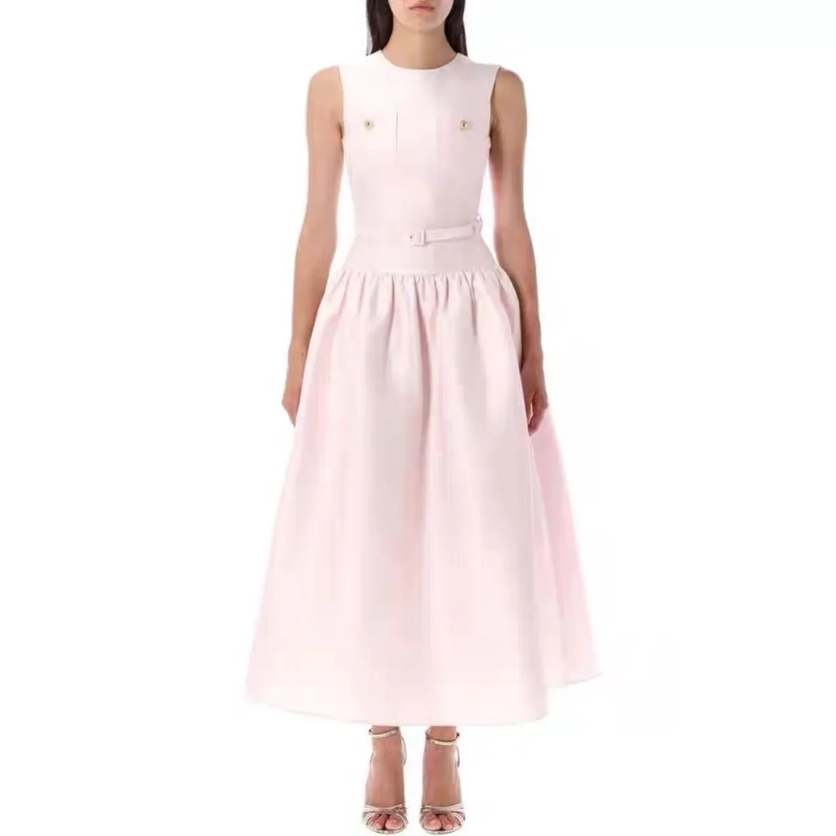 For Ladies Daily Beautiful And Navy Blue Diamonds Pressed Cut Out Long Sleeveless Pink Pure Sleeveless High Slit Midi Dress 2025