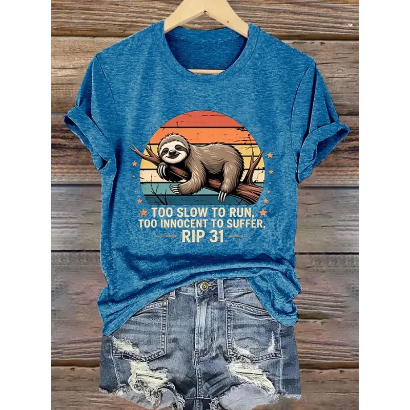 ilstile Women's Protect Animals Anima Sloth Print T-Shirts Summer Short Sleeve Casual Tops Black Blue Tees New Arrival