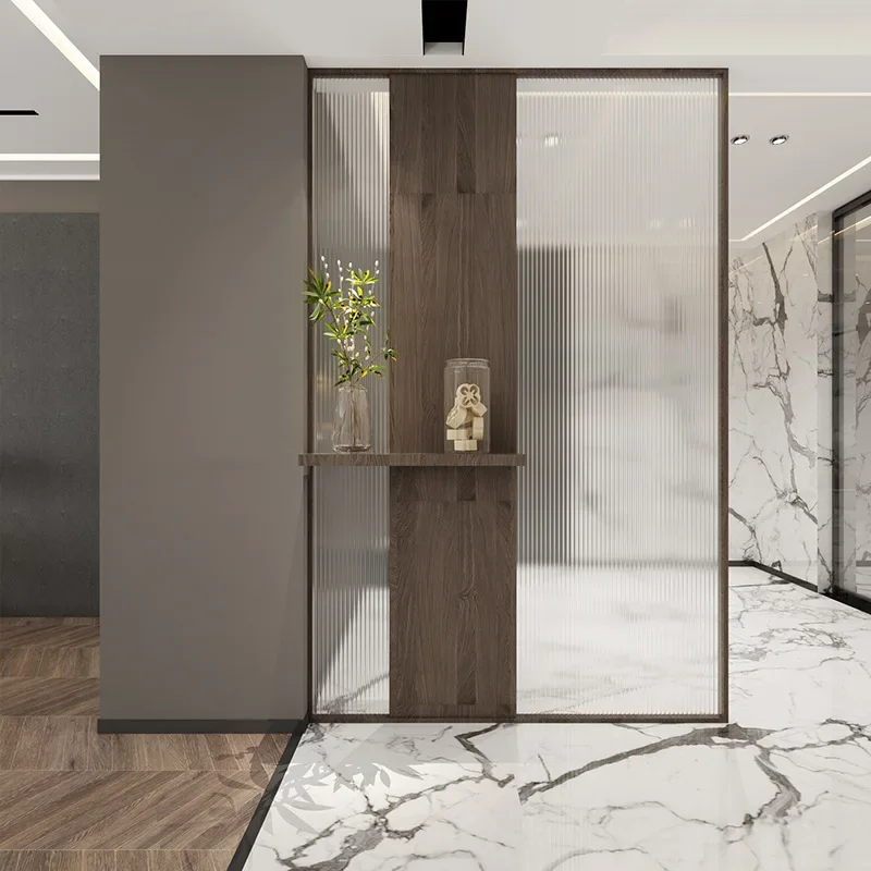 Tempered glass screen storage partition, living room entrance, bathroom sink
