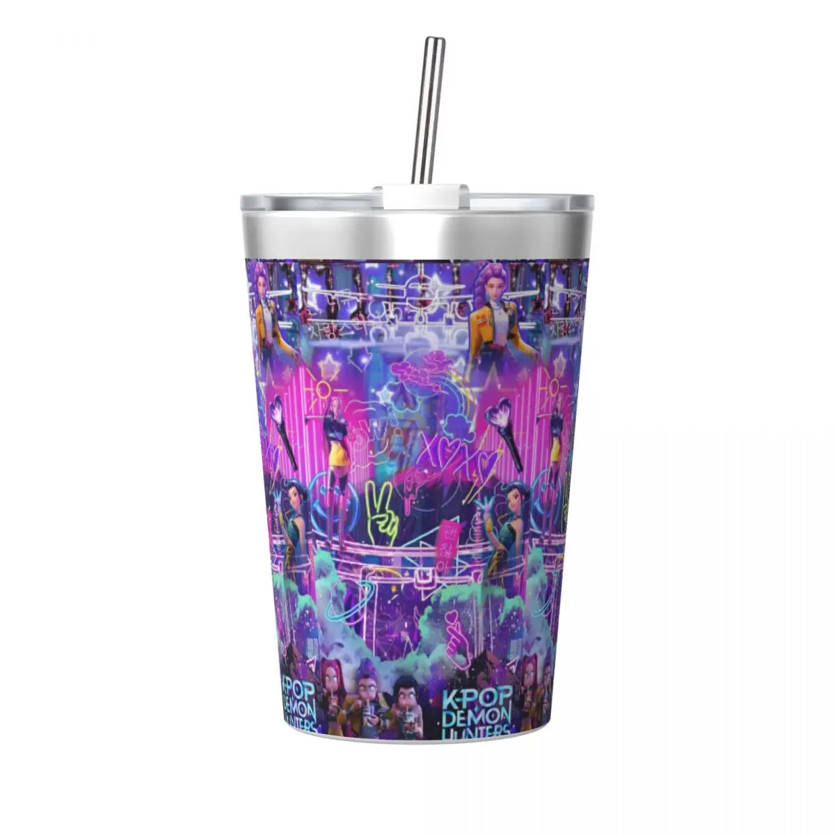 

Kpop Demon Hunters Huntrix Стакан 12 унций для детей, чашка из нержавеющей стали с двойными стенками и вакуумной изоляцией с соломинкой для холодной и горячей воды