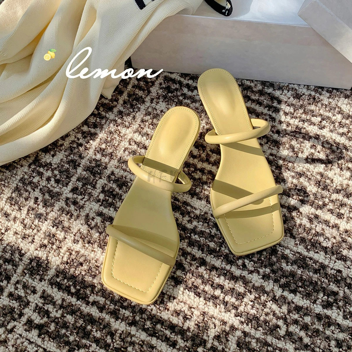 2024 Summer Square Toe Women Slippers Fashion Elegant Narrow Band Slides Shoes Ladies Outdoor Dress High Heel Sandalias