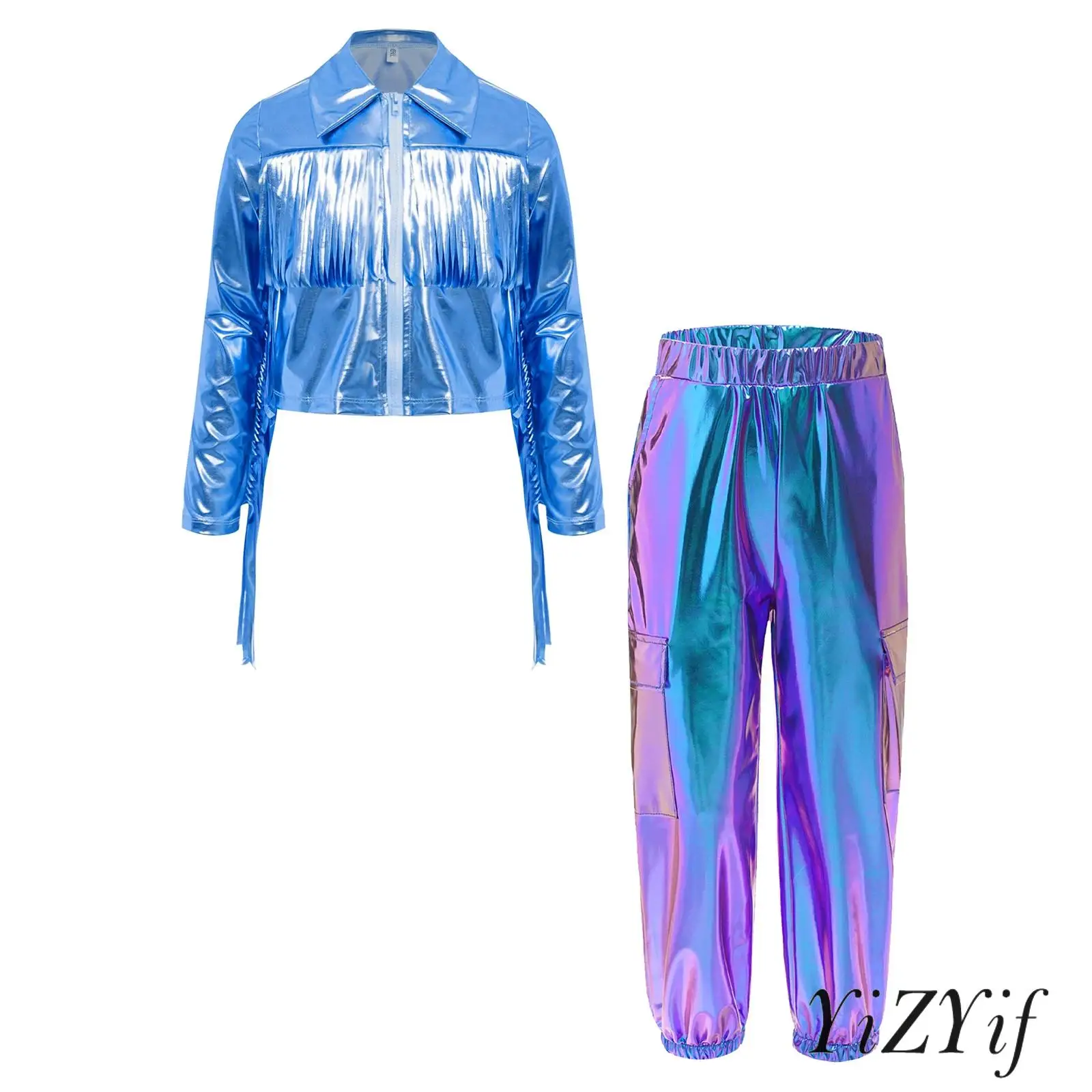 

Kids Girls Jazz Hip-Hop Dance Set Turn-Down Collar Long Sleeve Zipper Tassels Metallic Jacket with Pants for Stage Performance