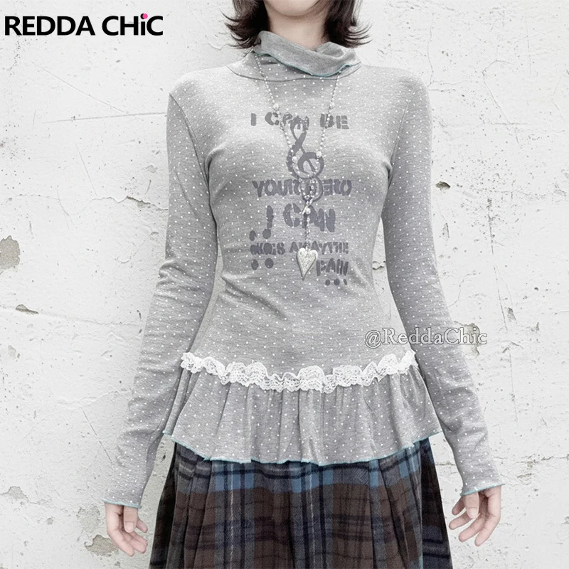 REDDACHiC Layering Ruffle Hem Women T-shirt Y2k Polka Dots Long Sleeves Stitch Lace Extra-long Top Grunge Alternative Clothing